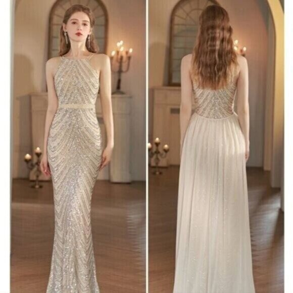 Silver,  O Neck, Sleeveless,  Detachable Skirt, Sequined Mermaid Gown - Picture 10 of 15